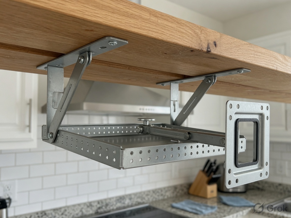 Metal kitchen under-shelf TV support hanging from a wood shelf