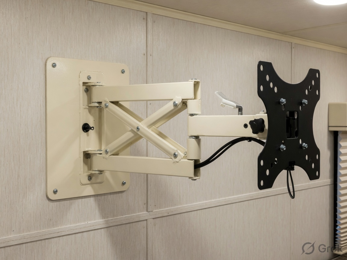 Cream RV pop-out TV bracket extended from a paneled wall